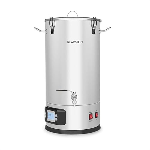 Klarstein Maischfest caldera - Maquina Cerveza artesanal, Fabrica y Fermentadores de cerveza, Lote 5 piezas, Cubo para filtrar, Refrigerante, LCD, Grifo, Acero 304, 2 niveles 1500/3000W, 35L, Gris