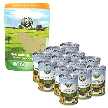 Bellfor Set Landgut-Menü Hundefutter Nass mit Insekten 12×400 g und Nierenkraft Pulver 80 g – Optimal für ernährungssensible Hunde