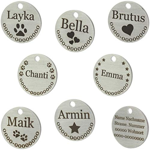 WIENS3D Hundemarke mit Gravur - Personalisiert mit Name - 23mm / 30mm Namensschild für Halsband Anhänger Marke für Hunde - mit Symbolauswahl - Tiermarke für Hunde, Katzen & Welpen (30 mm_Model_2)