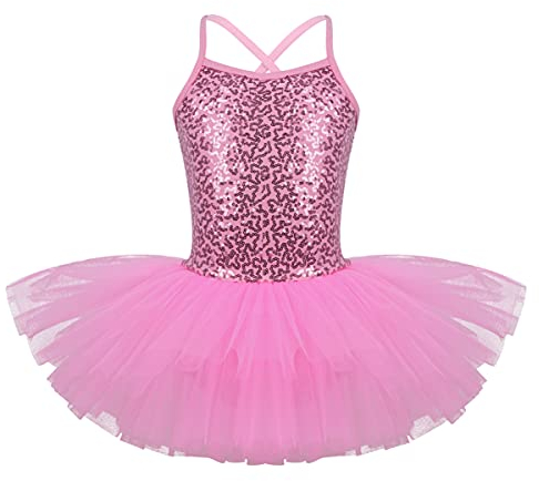 IEFIEL Flickklänning, balettklänning, barn, balettklänning, glitter, balettdräkt med tyllkjolar, paljetter, klänning, prestanda, dansklänning, ROSA, 128-140