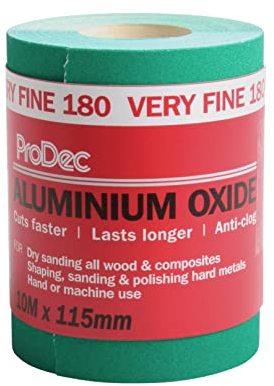 ProDec 10m Roll 180 Grit Grado molto fine verde ossido di alluminio carta abrasiva per la levigatura di legno, vernice, gesso, stucco, metallo e altro, 115 millimetri di larghezza carta vetrata