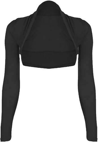 SHADOW DANCE UK Womens Long Sleeve Top Cropped Plain Bolero Cardigan Ladies Shrug Sizes 8-14 - Open Front Shrug Top -Sleeves to Cover Arms Workout Tops Black-ML