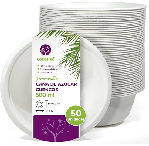GoBeTree 50 Zuckerrohr Pappschalen 500ml, Einweg Schüsseln, Suppenschalen, Pappschüsseln, Biologisch abbaubare Suppenschüssel Partygeschirr Hochzeit Picknick