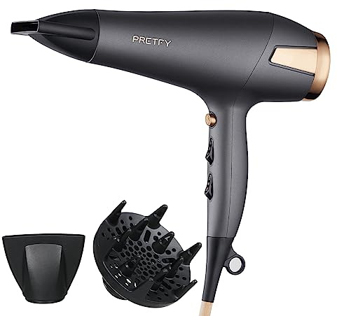 Pretfy Hair Dryer with Diffuser, Professional 2500W Hairdryers Strong Fast Drying Airflow Hair Care Negative Ionic, Blow Dryer 2 Speeds 3 Heat Settings, Cool Button with Diffuser & Concentrator, Grey
