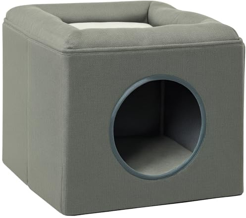 PawHut Maison Niche pour Chat 2 Niveaux avec Coussin Moelleux en Peluche - 36,5 x 36,5 x 33 cm Gris