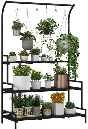 Outsunny Tall Plant Stand with Hanging Hooks, 3 Tiered Plant Rack Ladder Shelf for Indoor Outdoor Porch Balcony Living Room Bedroom, Black