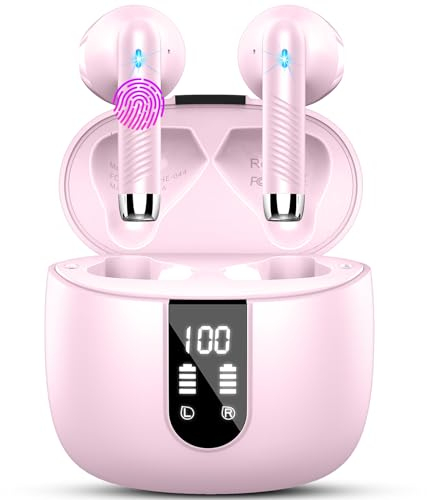 Bluetooth Kopfhörer, Kopfhörer Kabellos Bluetooth 5.3 In Ear Kopfhörer mit 4 HD Mic, 2024 Kabellose Kopfhörer 42Std ENC Noise Cancelling Earbuds Tiefer Bass, IP7 Wasserdicht Ohrhörer LED-Anzeige,rosa