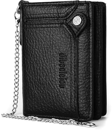 Wallet with Chain for Men Faux Leather Bifold Wallet Zipper Coin Pocket Purse Anti-Theft Chain Mens Gift