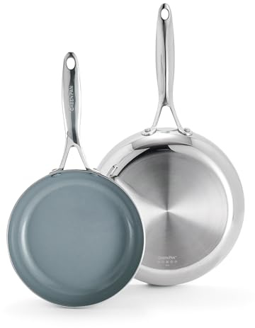 Greenpan Valencia Pro Tri-Ply Stainless Steel 8” and 10” Frying Pan Skillet Set, Healthy Ceramic Nonstick PFAS-Free PFOA-Free Coating, Multi Clad Cookware, Induction, Dishwasher Oven and Broiler Safe