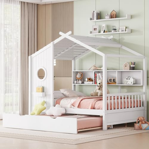 Harper & Bright Designs House Bed with with Bookshelves and Trundle, Wood Full Size Daybed with Roof for Kids Boys Girls, Can be Decorated, Space Saving, No Box Spring Needed, White