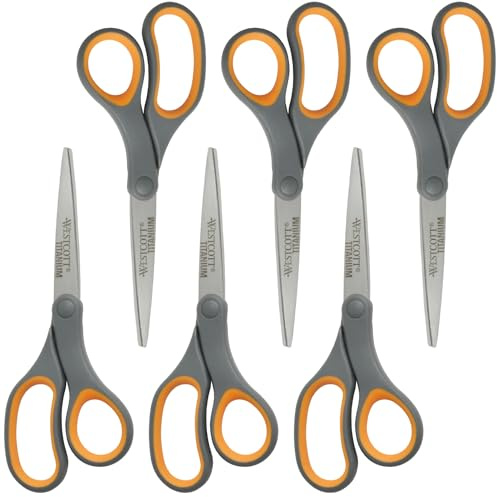 Westcott Titanium Bonded Scissors, Soft Handle, 8, Straight, Gray/Yellow, 6-Pack