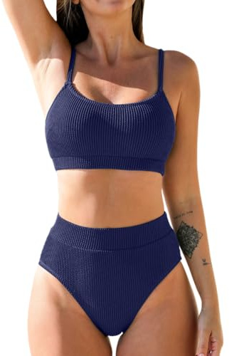 CUPSHE Women's Bikini Set Two Piece Swimsuit High Waisted Scoop Neck Knit Navy Blue Swimwear M
