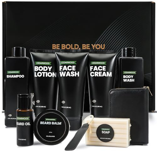 Mens Gift Set for Him 10PCS Cedar Shower Gel Gift Set Bath and Body Wash Gifts for Men with Beard Oil, Balm Business Card Case,Father’s Day Christmas Birthday Gifts for Boys Valentines Gifts for him
