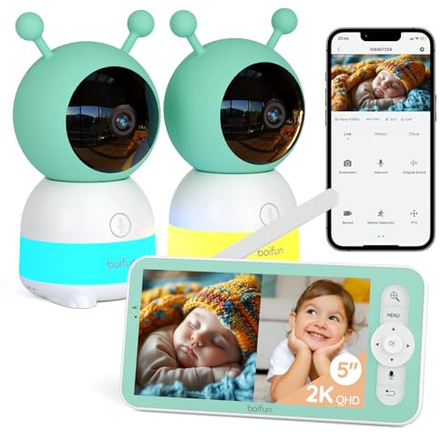 BOIFUN Baby monitor 5 con schermo diviso e 2 telecamere, baby monitor WiFi 2K tramite schermo e controllo tramite app, registrazione e riproduzione, sensore di temperatura e umidità
