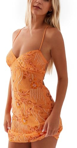 calbatic Women Sequin Sparkly Rhinestone Mini Dress Sleeveless Backless Deep V Neck Glitter Short Cami Dress Party Clubwear Orange