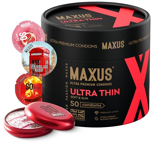 MAXUS Ultra-Thin, 50 Lubricated Condoms for Men, Regular Fit, Natural Latex, Easy-On Shape, Premium Quality, Includes Stylish Metal Case, Pack of 50