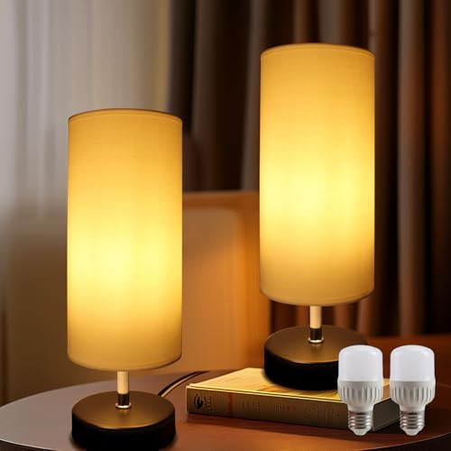 Nachttischlampe Weiß 2er mit 6W Leuchtmittel, Tischlampe E27 Fassung mit Kabelschalter, 3 Farbtemperaturen 3000K/4000K/6500K mit Memory Funktion, Moderne Tischleuchte LED für Schlafzimmer Wohnzimmer