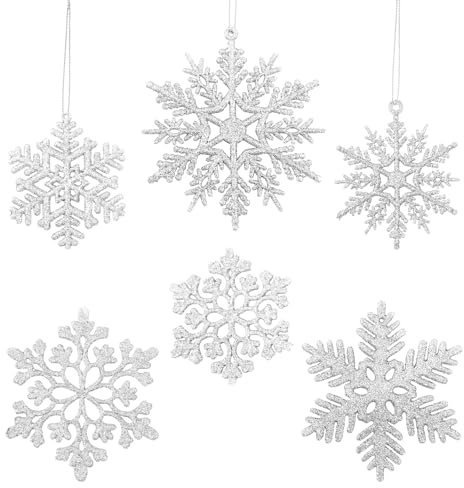 Simpeak 30 Piezas de Adornos Colgantes de Copo, Brillo Copo de Nieve Navidad, Copo de Nieve Plástico Grande con Purpurina para Invierno, Se Puede Utilizar para Decorar árboles de Navidad, Plata