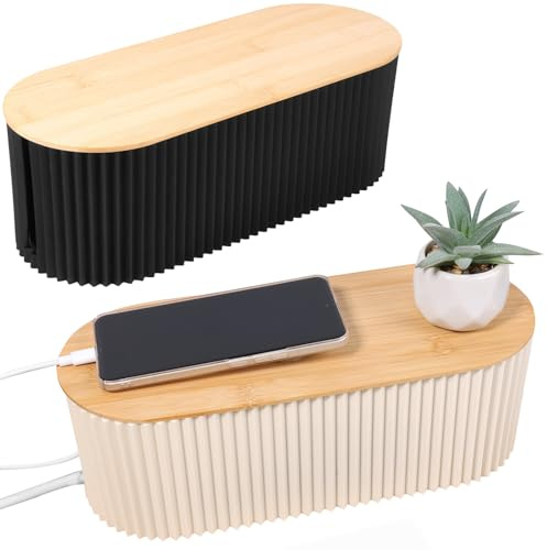 Hevtsde 2Pcs Cable Management Box, Plastic Cord Hider Box with Wood Lid, Hidden Storage Cord Organizer Box, Ample Internal Space Power Strips Cover Easy Access for Home Office