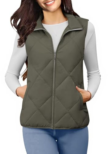 NSICBMNO Green Gilet For Women Uk - Winter Jacket For Women Uk, Padded Gilet Ladies Gillette Body Warmer Padded Vests, Quilted With Pockets, Zip Up Vest Sleeveless Puffer Jacket Cotton Jackets