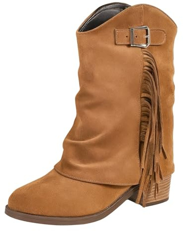 Mid Heel Boots for Women, Suede Fold Over Boots for Women Fringe Tassel Block Heel Slouchy Boho Mid Calf Ankle Boot Western Cowboy Comfortable Chunky Heel Retro Tassels Dress Booties