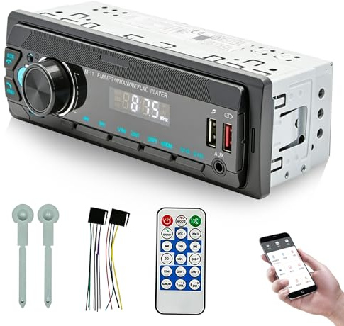 Bluetooth bilradio, 18,8 x 6,8 x 5,5 cm 1 DIN bilradio, bilradio Bluetooth, bilradio 1DIN Bluetooth för bilunderhållning och handsfree-samtal, svart, 7 färger växlingsbara, LED-display