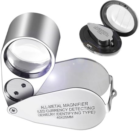 Lupa con Luz, Lupa de Bolsillo, Lupa de joyería Plegable de Metal para joyería, Lupa de Joyero 40X de Acero Inoxidable, Lupa de Bolsillo de Gran Aumento Portatil, para Diamantes, Monedas, Sellos