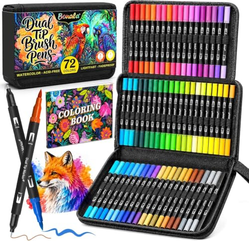 Bonala 72 Colores Rotuladores Lettering Doble Punta, Rotuladores Punta Fina y Punta Pincel, Brush Pen Acuarelables con Estuche – Caligrafía, Mandalas, Libros para Colorear y Dibujo – Adultos