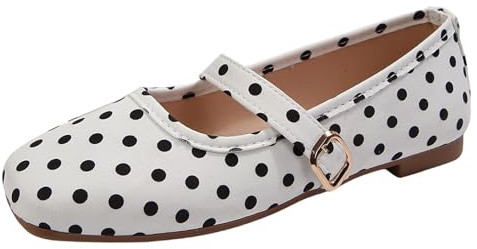 Generisch Ballerines Mary Jane pour femme avec motif à pois - Chaussures plates décontractées avec lanières et boucle - Chaussures ludiques de style rétro, Style O02 blanc, 38 EU