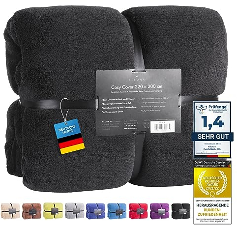 Feluna Manta de Peluche XXL Manta de Microfibra Manta de Estar con Tacto de Cachemira 220 x 200 cm (Negro)