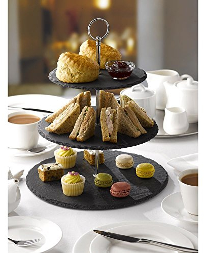 ARIANA HOMEWARE 3 Tier Cake Stand - Natural Slate | Sturdy Afternoon Tea Stand to Display a Cake, Sandwich, Cupcake & Buffet Food Platters | Serving Platter for Weddings, Birthdays & Christmas | Black