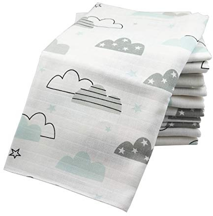 M.M.C. Baby Muslinblöjor 10-pack 80 x 70 cm – dregellappar, muslindukar och tygblöjor av 100 % bomull, Öko-Tex certifierad, absorberande och tvättbar (10 moln mynta)