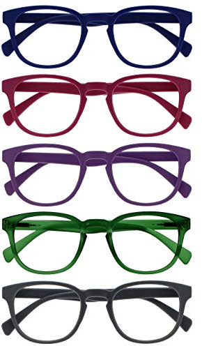 OPULIZE Pop Lesebrille 5er Pack Keck Rund Matt Rahmen Federscharniere Kratzfest Blau Rosa Lila Grün Grau Herren Damen RRRRR2-34567 +3.00