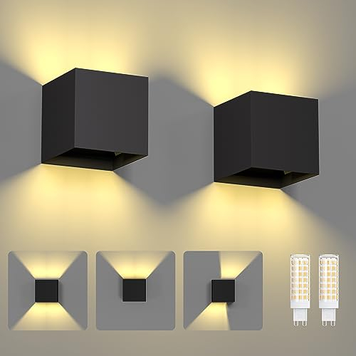 ChangM Wandleuchte Innen Aussen 7W LED Wandlampe mit Einstellung des Blattwinkels, IP65 Wandleuchte Schwarz Schale mit Ersetzbaren G9 LED Birne, Warmweiß 3000K, 2 Stücke