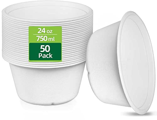 HOMURG 24oz Microwave Safe Paper Bowls in White, Strong Sugarcane Compostable Disposable Soup Bowl 750ml, Eco-Friendly Christmas, Halloween, Thanksgiving, Valentines, Birthday Party Bowl Set 50 Pack