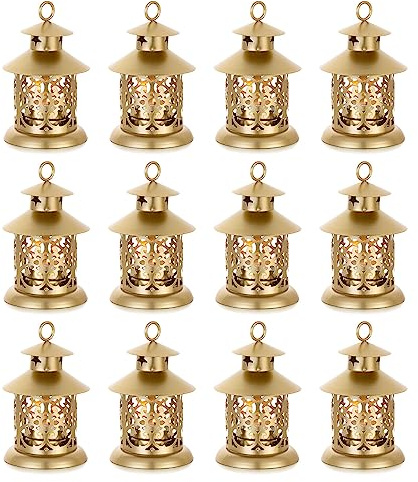 Romadedi Linterna de vela dorada - Juego de 12 linternas vintage, metal brillante pequeño con grabado para velas, decoración de mesa, boda, Navidad, Ramadán, balcón, jardín, exterior