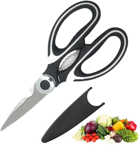 Multi-Purpose Kitchen Scissor, Non Slip Sharp Stainless Steel, Heavy Duty Shears, Dishwasher Safe Use for Vegetables, Chicken, Fish, Meat, Poultry, Herbs, BBQ, Bones, Flowers, Nuts with Blade Cover.
