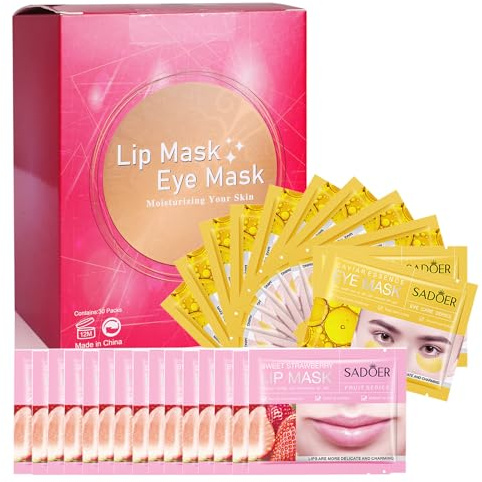 MEICOLY 30 Pads Lip and Eye Mask Sheet,Moisturizing Gold Caviar Under Eye Mask Strawberry Lip Mask,Crystal Anti-Aging Eye Patches Dark Circle Remover with Box,Eye and Lip Mask Set