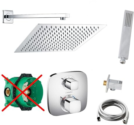 vanvilla Duschset mit Unterputz Armatur Hansgrohe Ecostat E Thermostat und vanvilla Regenduschkopf eckig, Dusch-SET HG13-ob poliert