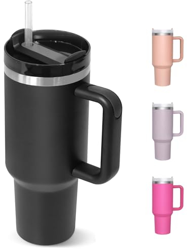 HNCY Thermobecher mit Strohhalm 1180ML, Termokaffeebecher to go, Trinkbecher mit Deckel und Strohhalm, Edelstahl Isolierbecher mit Griff, Tumbler Cup für Kalte Heiße Getränke Thermo Becher