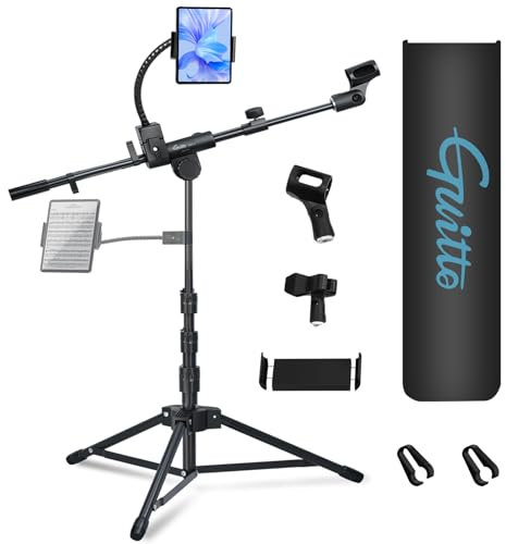 GUITTO Microphone Floor Stand for Tablet/Phone Holder, Adjustable Boom Mic Stand with Heavy-Duty Base, Dual Device Mount for Streaming, Podcasting, Recording, and Live Performances GMS-04