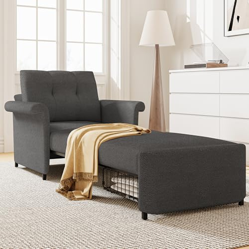 Yeyawomy Sofa Bed Chair, 3-in-1 Convertible Sleeper Chair with Storage Drawer, Lambswool Fabric Pull Out Couch with Adjustable Backrest, for Living Room Bedroom Office, Dark Gray