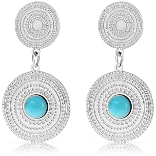 Made by Nami Vintage Ohrstecker Set mit Türkisem Stein aus chirurgischem Edelstahl Boho Schmuck Damen Statement Ohrringe Hängend Wasserfester Schmuck Geschenk für Sie (Silber)