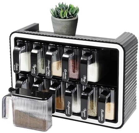 Kitchen Life Kulplus Lot de 12 pots à épices avec support, autocollants, avec poignée et cuillère, sans BPA, pour cuisine et plan de travail, 300 ml