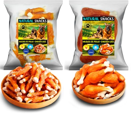 Pack Découverte 2 Saveurs pour Chiens – 2 x 100 g Snacks Naturels au Poulet avec Os au Calcium (Os et Pilons) – sans Céréales – Friandises Dentaires pour Chiens Moyens et Grands