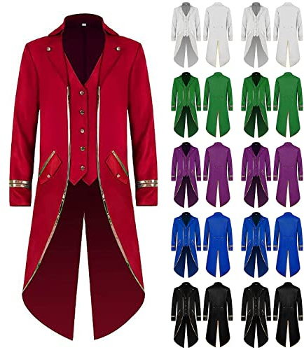 Vintage Tailcoat for Men Single Breasted Swallowtail Coat Men's Gothic Tuxedo Jacket Medieval Renaissance Tail Coat Punk Overcoat Halloween Costume Victorian Pirate Cosplay Uniform