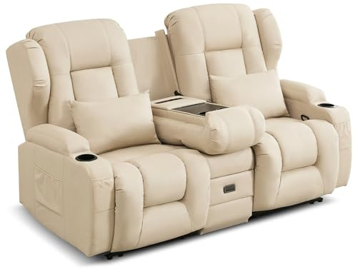 SITURAY 2er Relaxsessel mit Liegefunktion Fußteil, Zweisitzer Fernsehsessel 2 Sitzer TV Sessel mit Konsole, Manuell Verstellbar Doppel Kinosessel bis 360 kg (Klappbare Mittelkonsole, Leathaire Beige)