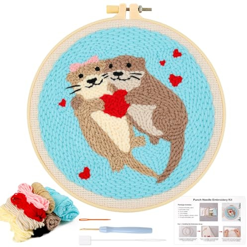JSRQT Punch Needle Kit Completo Lontra Strumento di Ricamo per Principianti Adulti Bambini Aghi da Punzonatura Starter con Telaio Istruzioni Mestiere Embroidery Punto Croce Strumenti infilare