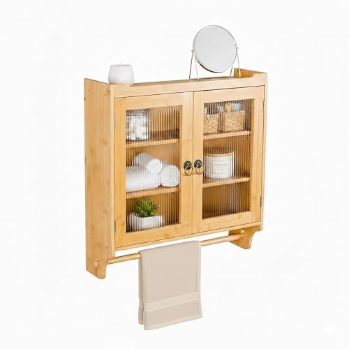 Armario Colgante de bambú Relaxdays con toallero, 2 Puertas de acrílico, HBT: Aprox. 63 x 60 x 18 cm, Natural