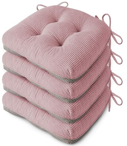 FlyGulls Seat Cushions for Dining Chairs Set of 4, 46X42X8cm, Light Pink | Elegant Breathable Textured Fabric, with Ties, Tufted, Thick Polyester Filling, for Folding Chairs, Kitchen, Office